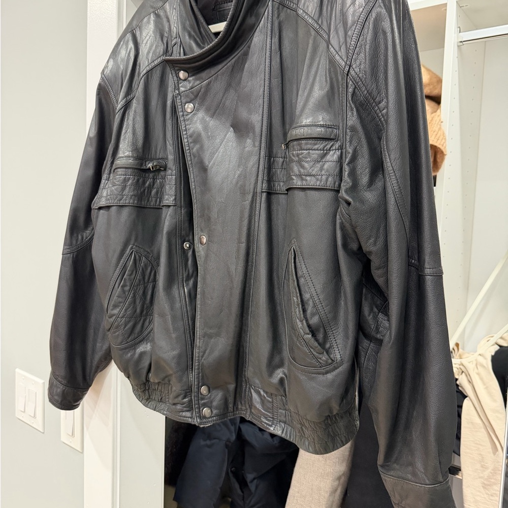 Vintage Thrasher Unisex Dark Gray Leather Bomber Jacket XL